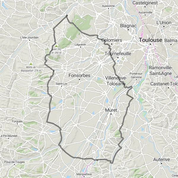 Karten-Miniaturansicht der Radinspiration "Entdeckungstour von Pibrac bis Pujaudran" in Midi-Pyrénées, France. Erstellt vom Tarmacs.app-Routenplaner für Radtouren