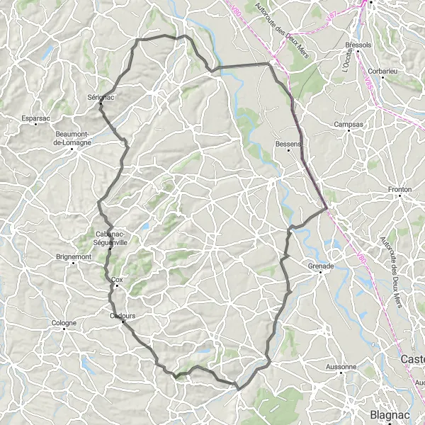 Map miniature of "Cadours Loop" cycling inspiration in Midi-Pyrénées, France. Generated by Tarmacs.app cycling route planner