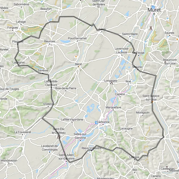 Miniaturní mapa "Kruhová cyklistická trasa od Lézat-sur-Lèze" inspirace pro cyklisty v oblasti Midi-Pyrénées, France. Vytvořeno pomocí plánovače tras Tarmacs.app