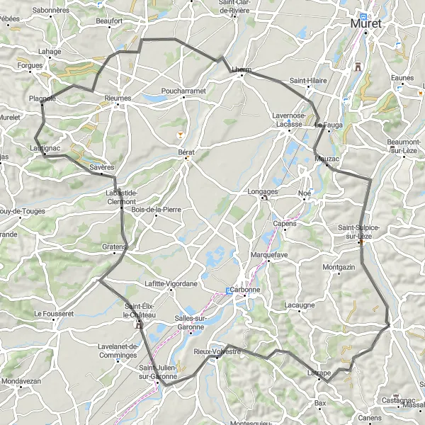 Karttaminiaatyyri "Lézat-sur-Lèze - Saint-Sulpice-sur-Lèze - Latrape 91 km (Road)" pyöräilyinspiraatiosta alueella Midi-Pyrénées, France. Luotu Tarmacs.app pyöräilyreittisuunnittelijalla