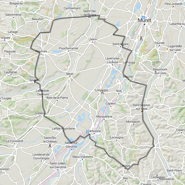 Mapa miniatúra "Cyklotrasa s výhľadom na Carbonne a Rieumes" cyklistická inšpirácia v Midi-Pyrénées, France. Vygenerované cyklistickým plánovačom trás Tarmacs.app