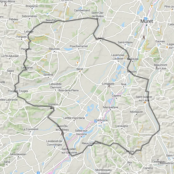 Zemljevid v pomanjšavi "Cestna kolesarska pot okoli Lézat-sur-Lèze" kolesarske inspiracije v Midi-Pyrénées, France. Generirano z načrtovalcem kolesarskih poti Tarmacs.app