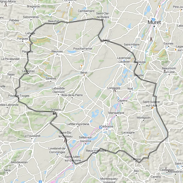 Miniatuurkaart van de fietsinspiratie "Ontdek de landelijke schoonheid van de omgeving rond Lézat-sur-Lèze" in Midi-Pyrénées, France. Gemaakt door de Tarmacs.app fietsrouteplanner