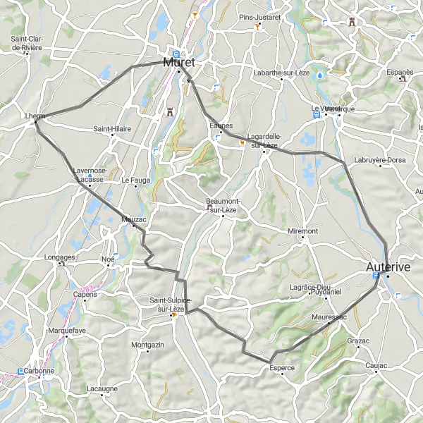 Map miniature of "Discovering Lherm, Muret, Lagardelle-sur-Lèze, Auterive, Esperce, and Mauzac on a road cycling adventure" cycling inspiration in Midi-Pyrénées, France. Generated by Tarmacs.app cycling route planner
