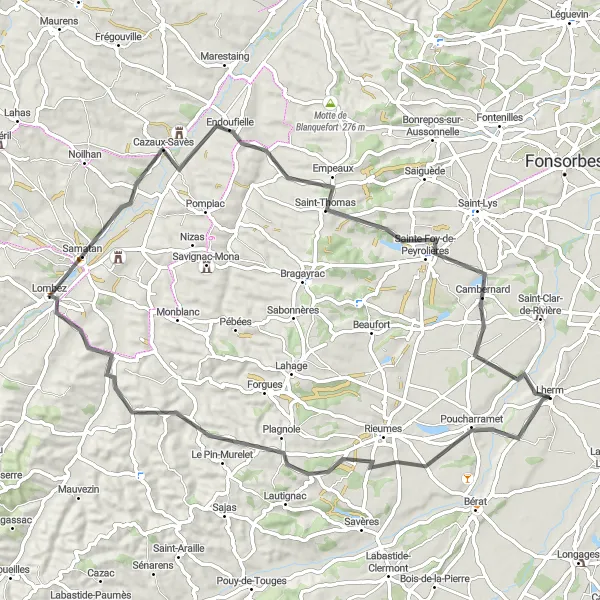 Miniaturní mapa "Cyklistický okruh kolem Poucharramet" inspirace pro cyklisty v oblasti Midi-Pyrénées, France. Vytvořeno pomocí plánovače tras Tarmacs.app