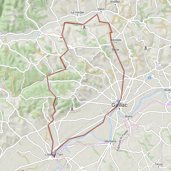 Miniatuurkaart van de fietsinspiratie "Gravel avontuur rond Lisle-sur-Tarn" in Midi-Pyrénées, France. Gemaakt door de Tarmacs.app fietsrouteplanner