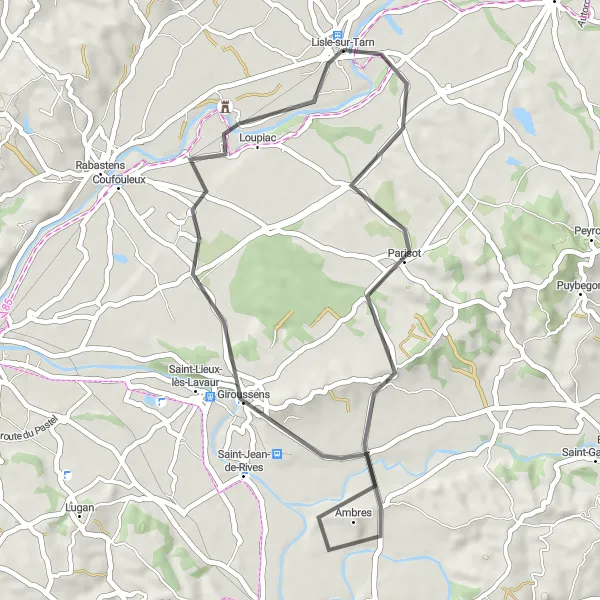 Kartminiatyr av "Tarn Valley Loop" sykkelinspirasjon i Midi-Pyrénées, France. Generert av Tarmacs.app sykkelrutoplanlegger