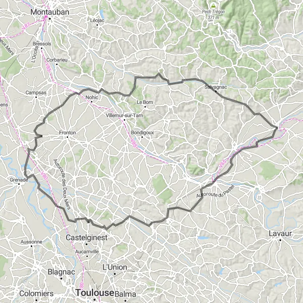 Mapa miniatúra "Cyklotrasa s výstupom na Montastruc-la-Conseillère" cyklistická inšpirácia v Midi-Pyrénées, France. Vygenerované cyklistickým plánovačom trás Tarmacs.app