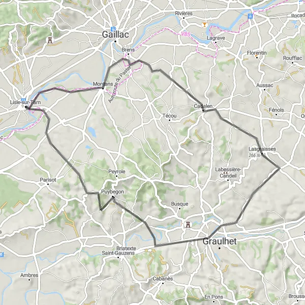 Miniatuurkaart van de fietsinspiratie "Pittoreske fietstocht door Montans en Graulhet" in Midi-Pyrénées, France. Gemaakt door de Tarmacs.app fietsrouteplanner