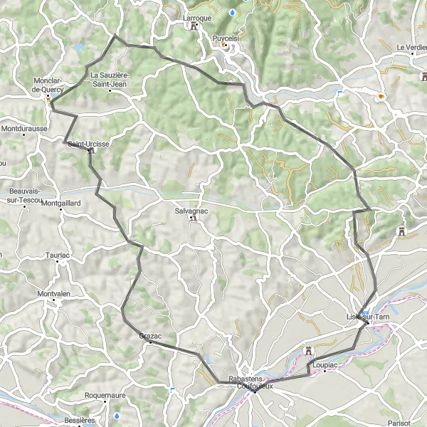 Kartminiatyr av "Rabastens to Lisle-sur-Tarn Loop" cykelinspiration i Midi-Pyrénées, France. Genererad av Tarmacs.app cykelruttplanerare