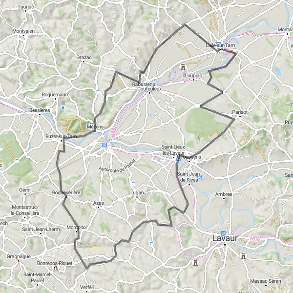 Zemljevid v pomanjšavi "79 km road cycling route near Lisle-sur-Tarn" kolesarske inspiracije v Midi-Pyrénées, France. Generirano z načrtovalcem kolesarskih poti Tarmacs.app