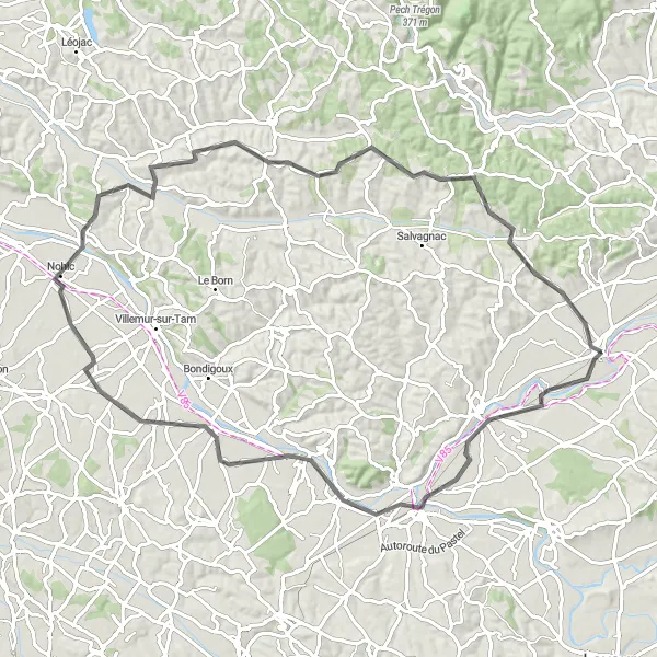 Miniatuurkaart van de fietsinspiratie "Epische Tour van 90 km in de omgeving van Lisle-sur-Tarn" in Midi-Pyrénées, France. Gemaakt door de Tarmacs.app fietsrouteplanner