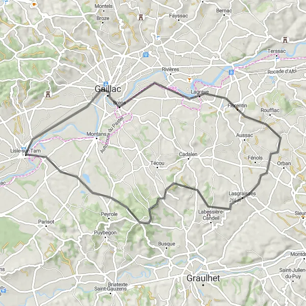 Mapa miniatúra "Cyklistický okruh cez Gaillac a Lagrave" cyklistická inšpirácia v Midi-Pyrénées, France. Vygenerované cyklistickým plánovačom trás Tarmacs.app