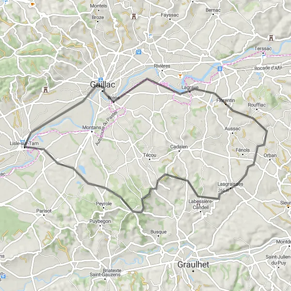 Miniatuurkaart van de fietsinspiratie "Wijngaarden en historische dorpen" in Midi-Pyrénées, France. Gemaakt door de Tarmacs.app fietsrouteplanner