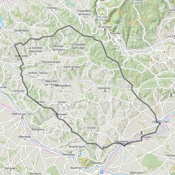 Kartminiatyr av "Utforsk Coufouleux på denne Spennende Veisykkelturen" sykkelinspirasjon i Midi-Pyrénées, France. Generert av Tarmacs.app sykkelrutoplanlegger