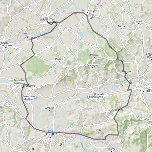 Kartminiatyr av "Historiska platser längs vägen från Lisle-sur-Tarn" cykelinspiration i Midi-Pyrénées, France. Genererad av Tarmacs.app cykelruttplanerare