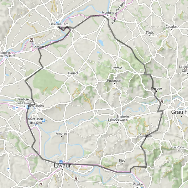 Miniatuurkaart van de fietsinspiratie "Rivieren en heuvels" in Midi-Pyrénées, France. Gemaakt door de Tarmacs.app fietsrouteplanner