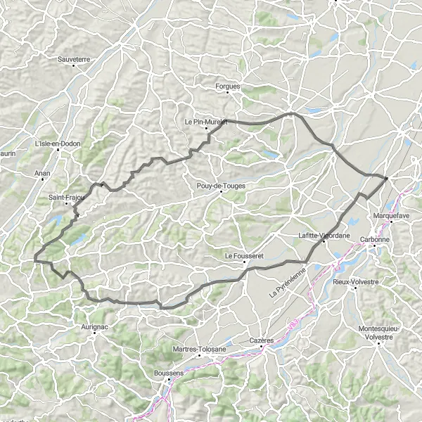 Miniaturní mapa "Cyklotrasa okolo Longages" inspirace pro cyklisty v oblasti Midi-Pyrénées, France. Vytvořeno pomocí plánovače tras Tarmacs.app