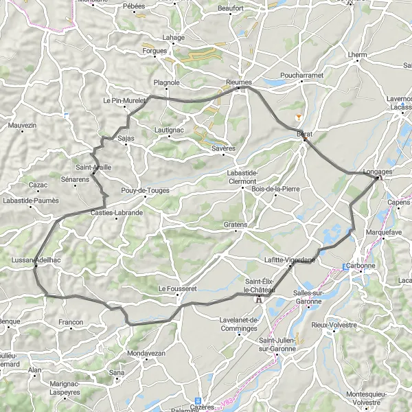 Miniatua del mapa de inspiración ciclista "Longages Loop via Rieumes and Polastron" en Midi-Pyrénées, France. Generado por Tarmacs.app planificador de rutas ciclistas