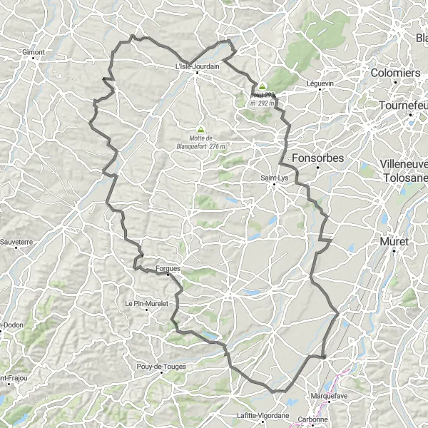 Miniature de la carte de l'inspiration cycliste "Excursion à vélo variée de Longages à Lavernose-Lacasse via Cazaux-Savès" dans la Midi-Pyrénées, France. Générée par le planificateur d'itinéraire cycliste Tarmacs.app