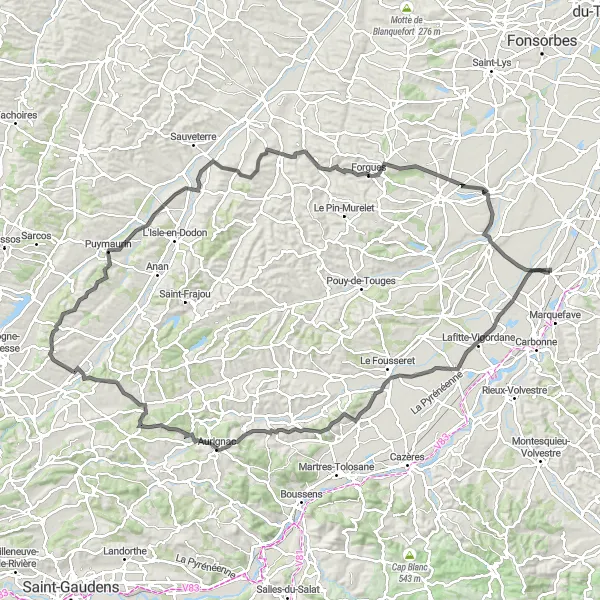 Miniatua del mapa de inspiración ciclista "Vuelta a Lafitte-Vigordane y Sainte-Marie" en Midi-Pyrénées, France. Generado por Tarmacs.app planificador de rutas ciclistas