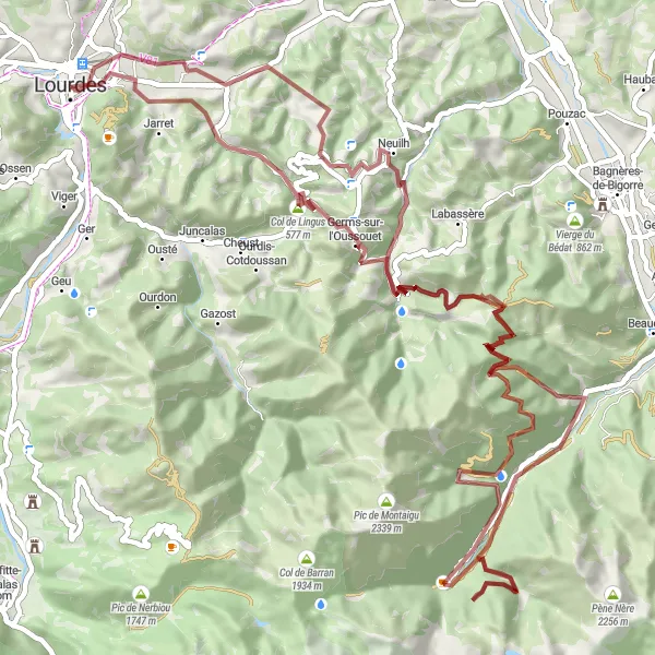 Kartminiatyr av "Utmanande bergsrutt till Lourdes" cykelinspiration i Midi-Pyrénées, France. Genererad av Tarmacs.app cykelruttplanerare