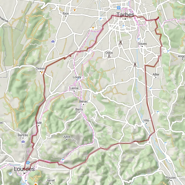 Mapa miniatúra "Gravel Route to Ossun" cyklistická inšpirácia v Midi-Pyrénées, France. Vygenerované cyklistickým plánovačom trás Tarmacs.app