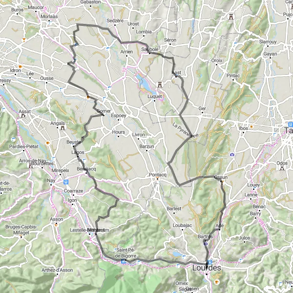 Miniaturní mapa "Kruhová cyklotrasa s výhledy na Turoum Esplat, Montaut, Bordères, Andoins, Aast, Ossun a Lourdes" inspirace pro cyklisty v oblasti Midi-Pyrénées, France. Vytvořeno pomocí plánovače tras Tarmacs.app