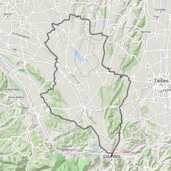 Kartminiatyr av "Lourdes till Saint-Vincent via Gomer och Ger" cykelinspiration i Midi-Pyrénées, France. Genererad av Tarmacs.app cykelruttplanerare