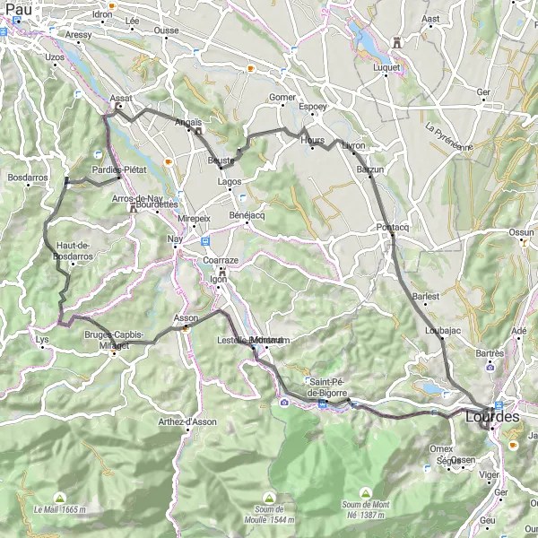 Miniaturní mapa "Trasa Saint-Pé-de-Bigorre a zpět" inspirace pro cyklisty v oblasti Midi-Pyrénées, France. Vytvořeno pomocí plánovače tras Tarmacs.app