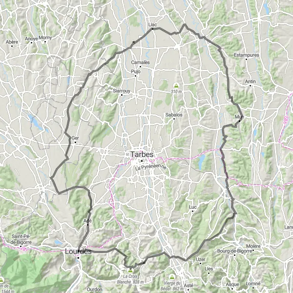 Miniaturní mapa "Cyklotrasa Lourdes - Adé - Ger - Montaner - Vic-en-Bigorre - Villecomtal-sur-Arros - Aubarède - Artiguemy - Table d'orientation - Lahitte-ez-Angles - Petit Jer - Lourdes" inspirace pro cyklisty v oblasti Midi-Pyrénées, France. Vytvořeno pomocí plánovače tras Tarmacs.app