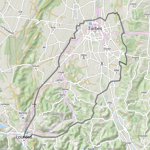 Zemljevid v pomanjšavi "Pot od Lurda do Adéja" kolesarske inspiracije v Midi-Pyrénées, France. Generirano z načrtovalcem kolesarskih poti Tarmacs.app