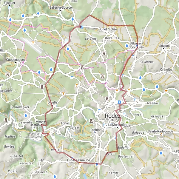 Zemljevid v pomanjšavi "Gravel Pot okoli Luc-la-Primaube" kolesarske inspiracije v Midi-Pyrénées, France. Generirano z načrtovalcem kolesarskih poti Tarmacs.app