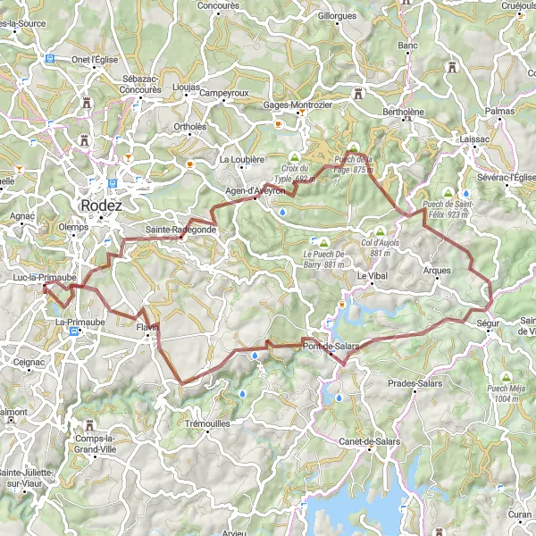 Miniaturní mapa "Gravelový okruh kolem Ségur" inspirace pro cyklisty v oblasti Midi-Pyrénées, France. Vytvořeno pomocí plánovače tras Tarmacs.app