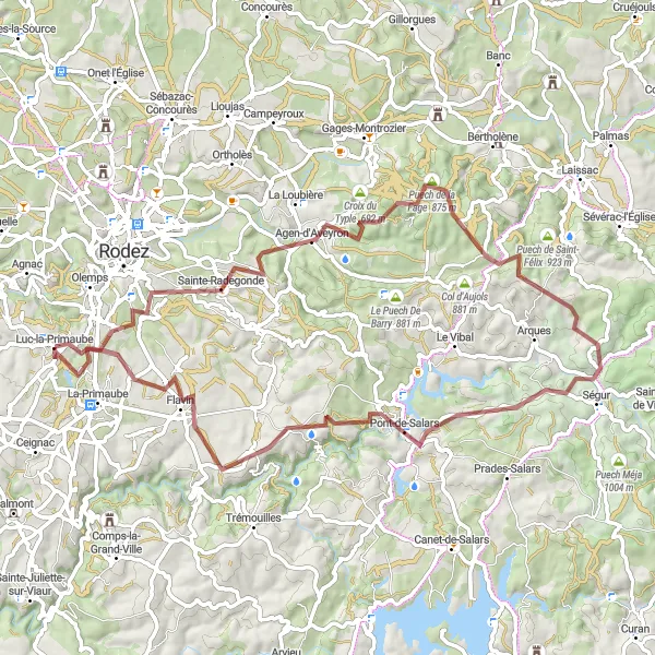 Miniatuurkaart van de fietsinspiratie "Avontuurlijke gravelroute rondom Luc-la-Primaube" in Midi-Pyrénées, France. Gemaakt door de Tarmacs.app fietsrouteplanner