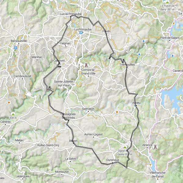 Kartminiatyr av "Opplev utfordrende terreng på denne 79 km landeveien" sykkelinspirasjon i Midi-Pyrénées, France. Generert av Tarmacs.app sykkelrutoplanlegger