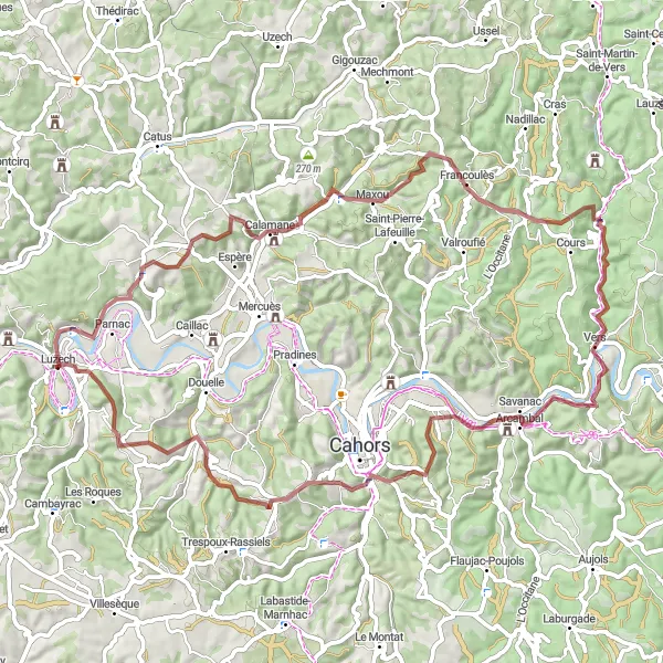 Miniature de la carte de l'inspiration cycliste "Le tour des villages pittoresques du Lot" dans la Midi-Pyrénées, France. Générée par le planificateur d'itinéraire cycliste Tarmacs.app