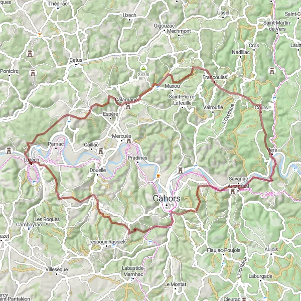 Map miniature of "Tour de Luzech and L'Impernal Gravel Cycling Route" cycling inspiration in Midi-Pyrénées, France. Generated by Tarmacs.app cycling route planner