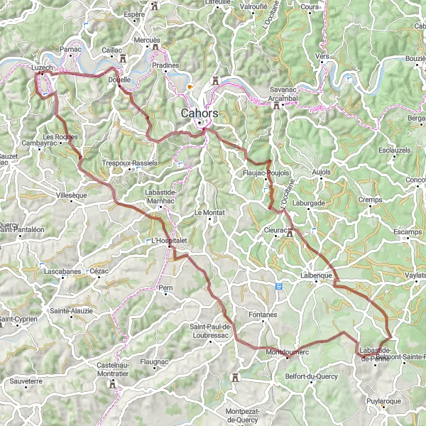 Map miniature of "Douelle and L'Impernal Gravel Cycling Route" cycling inspiration in Midi-Pyrénées, France. Generated by Tarmacs.app cycling route planner