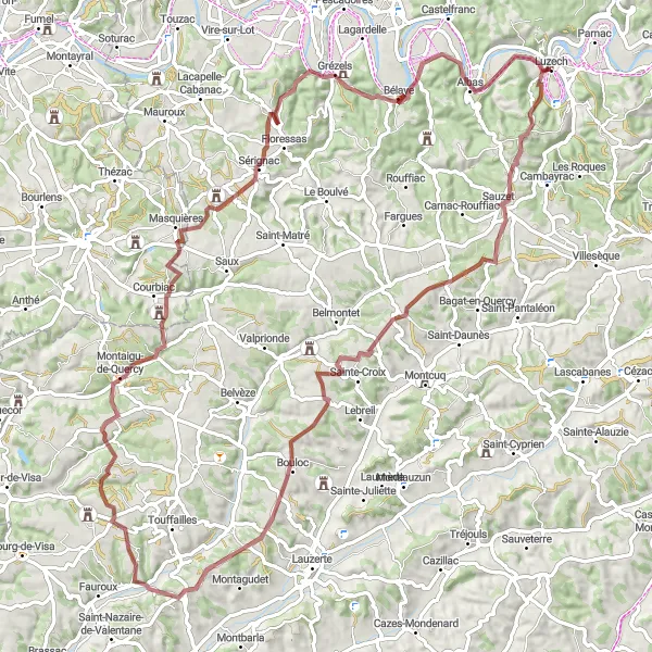 Zemljevid v pomanjšavi "Pustolovščina po makadamski poti od Luzecha" kolesarske inspiracije v Midi-Pyrénées, France. Generirano z načrtovalcem kolesarskih poti Tarmacs.app