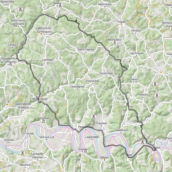 Miniatuurkaart van de fietsinspiratie "Tocht door Puy-l'Évêque en Montcabrier" in Midi-Pyrénées, France. Gemaakt door de Tarmacs.app fietsrouteplanner