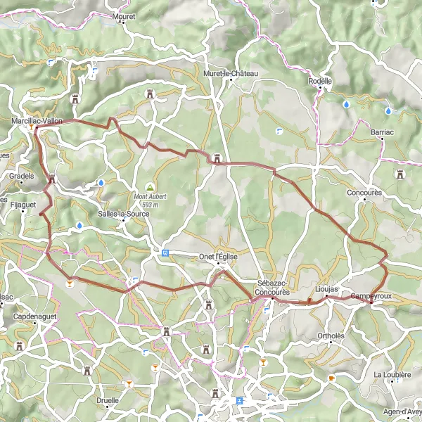 Kartminiatyr av "Utforsk Château de la Garde og Le Thure på Grusvei" sykkelinspirasjon i Midi-Pyrénées, France. Generert av Tarmacs.app sykkelrutoplanlegger