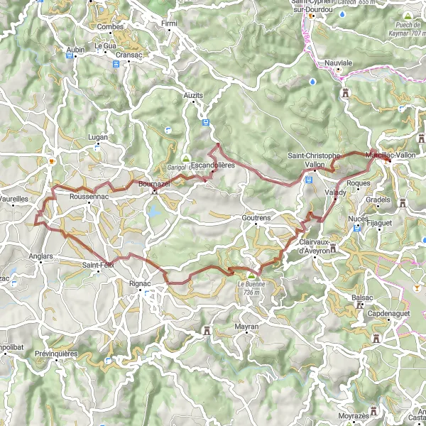 Karttaminiaatyyri "Gravel-kierros Marcillac-Vallon lähellä" pyöräilyinspiraatiosta alueella Midi-Pyrénées, France. Luotu Tarmacs.app pyöräilyreittisuunnittelijalla