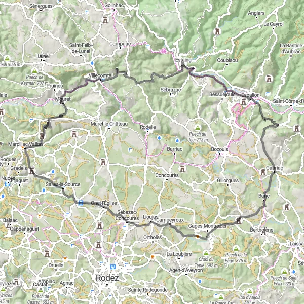 Miniatua del mapa de inspiración ciclista "Ruta Marcillac-Vallon al Château d'Estaing" en Midi-Pyrénées, France. Generado por Tarmacs.app planificador de rutas ciclistas