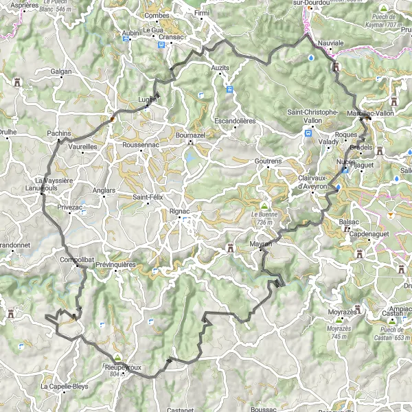 Zemljevid v pomanjšavi "Razgibana kolesarska pot do Nauviale" kolesarske inspiracije v Midi-Pyrénées, France. Generirano z načrtovalcem kolesarskih poti Tarmacs.app