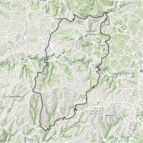 Miniature de la carte de l'inspiration cycliste "Itinéraire cycliste de route au départ de Marcillac-Vallon" dans la Midi-Pyrénées, France. Générée par le planificateur d'itinéraire cycliste Tarmacs.app