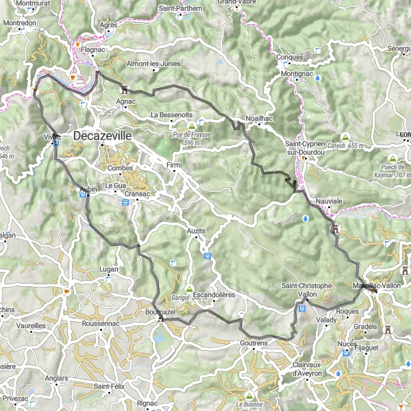 Zemljevid v pomanjšavi "Okrog Marcillac-Vallon: Pot do Saint-Christophe-Vallon" kolesarske inspiracije v Midi-Pyrénées, France. Generirano z načrtovalcem kolesarskih poti Tarmacs.app