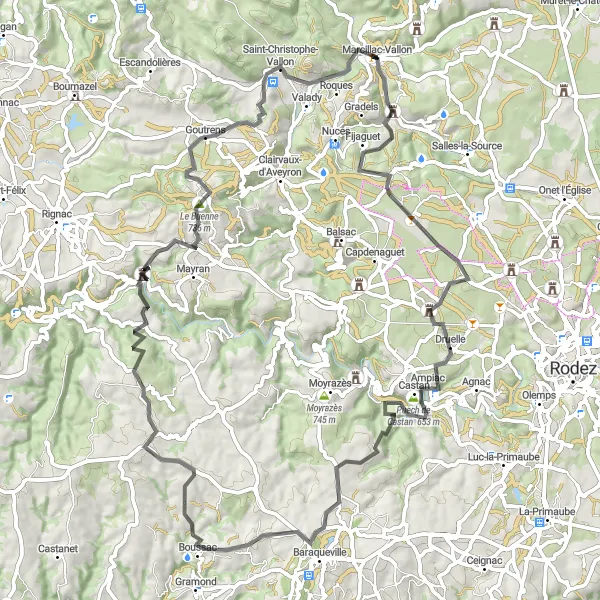 Miniaturekort af cykelinspirationen "Cougousse Slot Loop" i Midi-Pyrénées, France. Genereret af Tarmacs.app cykelruteplanlægger