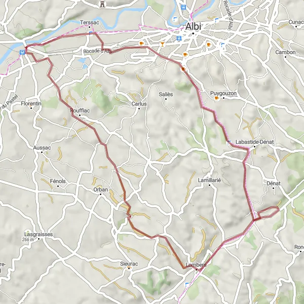 Zemljevid v pomanjšavi "Gravel Adventure around Marssac-sur-Tarn" kolesarske inspiracije v Midi-Pyrénées, France. Generirano z načrtovalcem kolesarskih poti Tarmacs.app