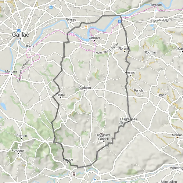 Miniature de la carte de l'inspiration cycliste "Le circuit du patrimoine tarnais" dans la Midi-Pyrénées, France. Générée par le planificateur d'itinéraire cycliste Tarmacs.app